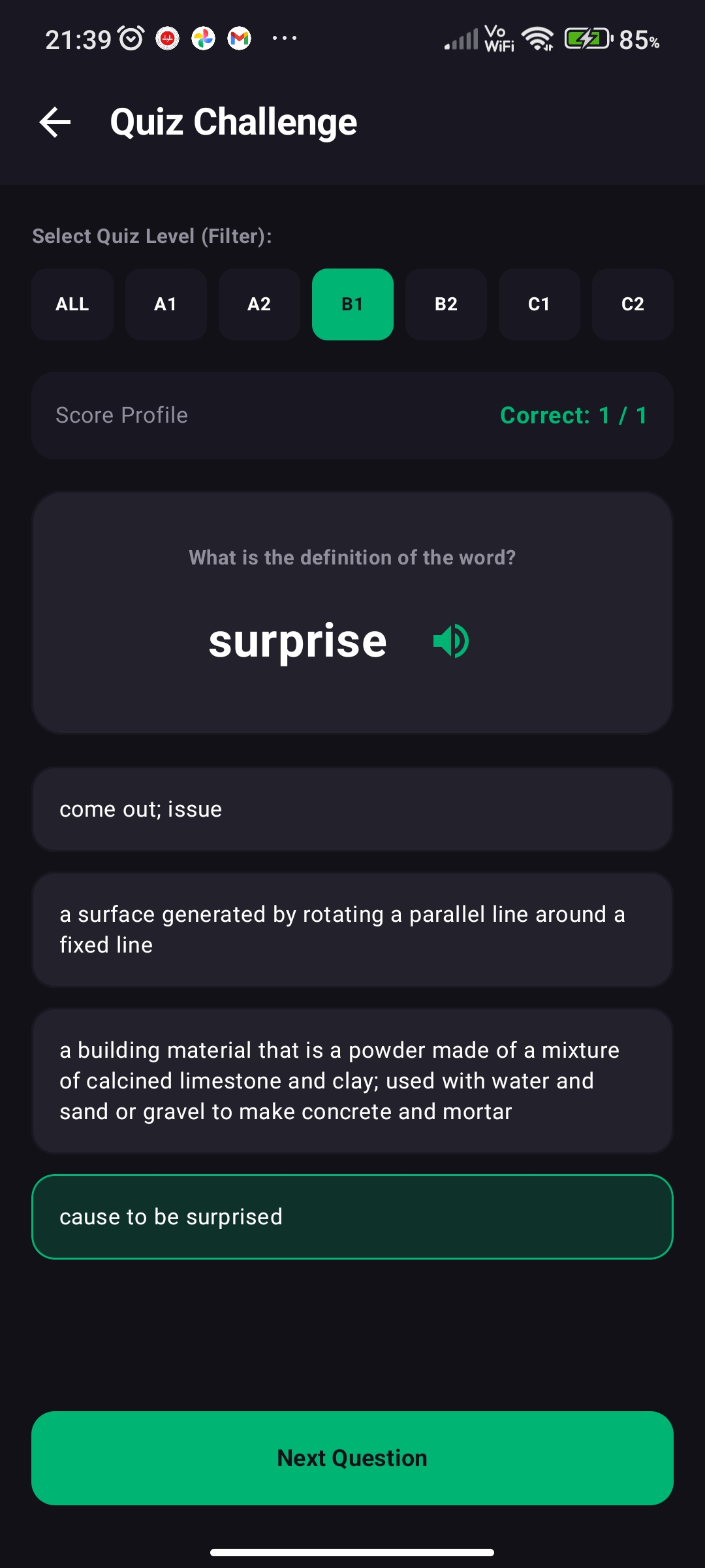 Quiz answer choices screen