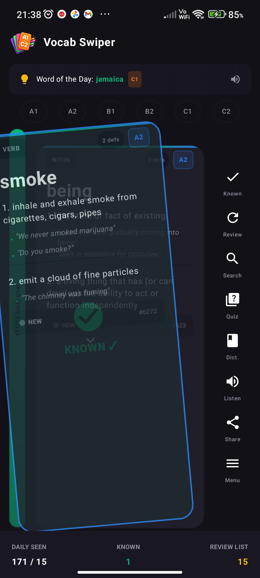 VocabSwipe swipe gesture screen